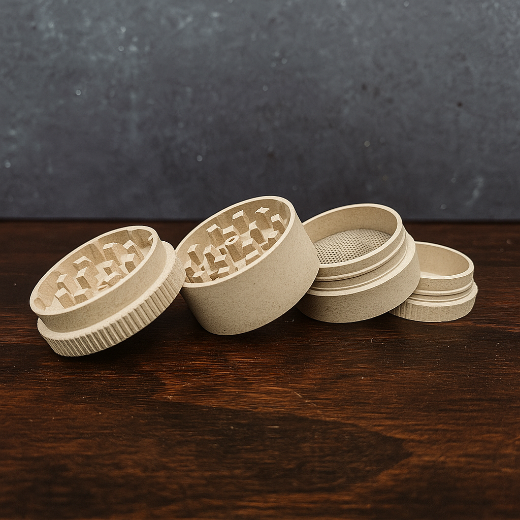 Set of four beige ceramic grinder components on a dark wooden surface with a dark gray background.