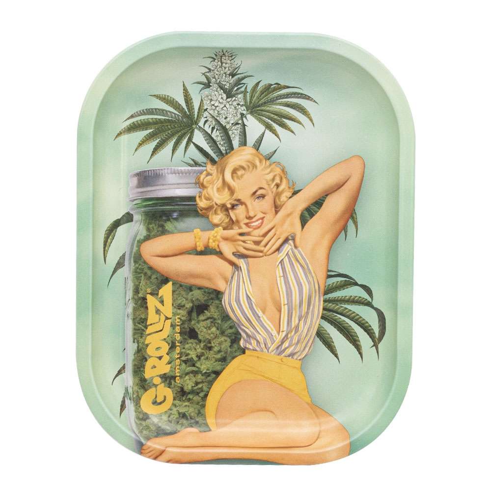 Light green coloured metal tray with Marilyn Monroe sat Infront of a cannabis plant