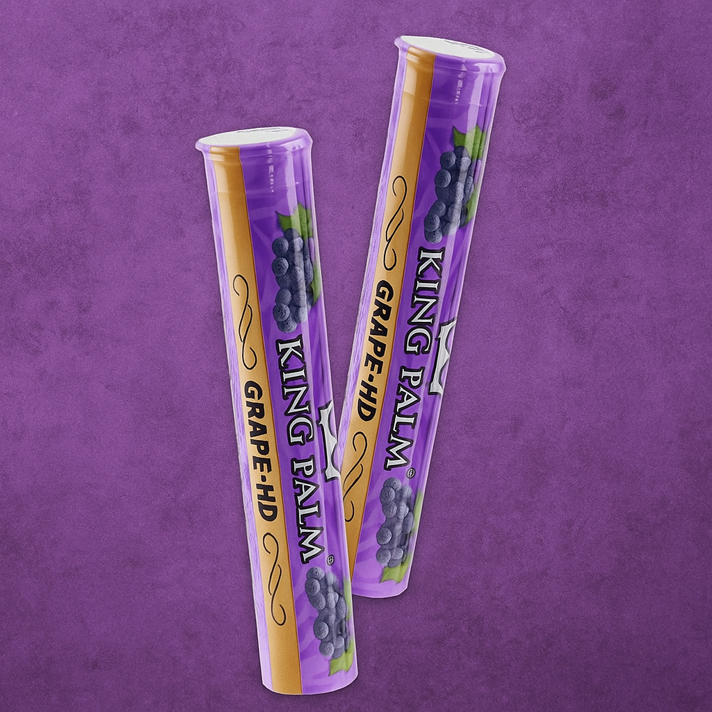 Two King Palm Grape-HD products in purple and gold packaging on a purple background