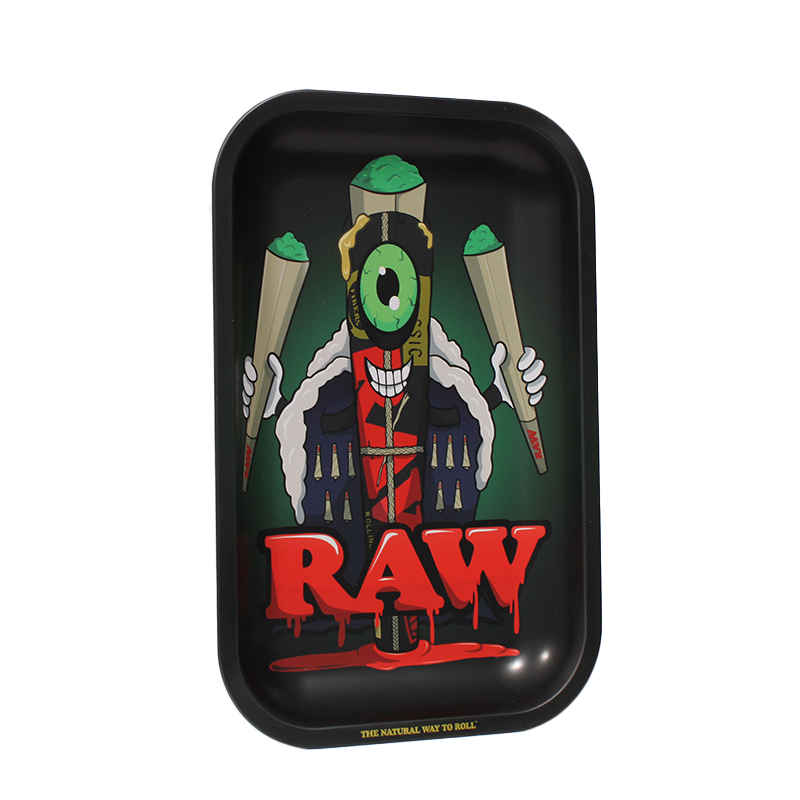 Black tray with cartoon cone monster and the raw logo