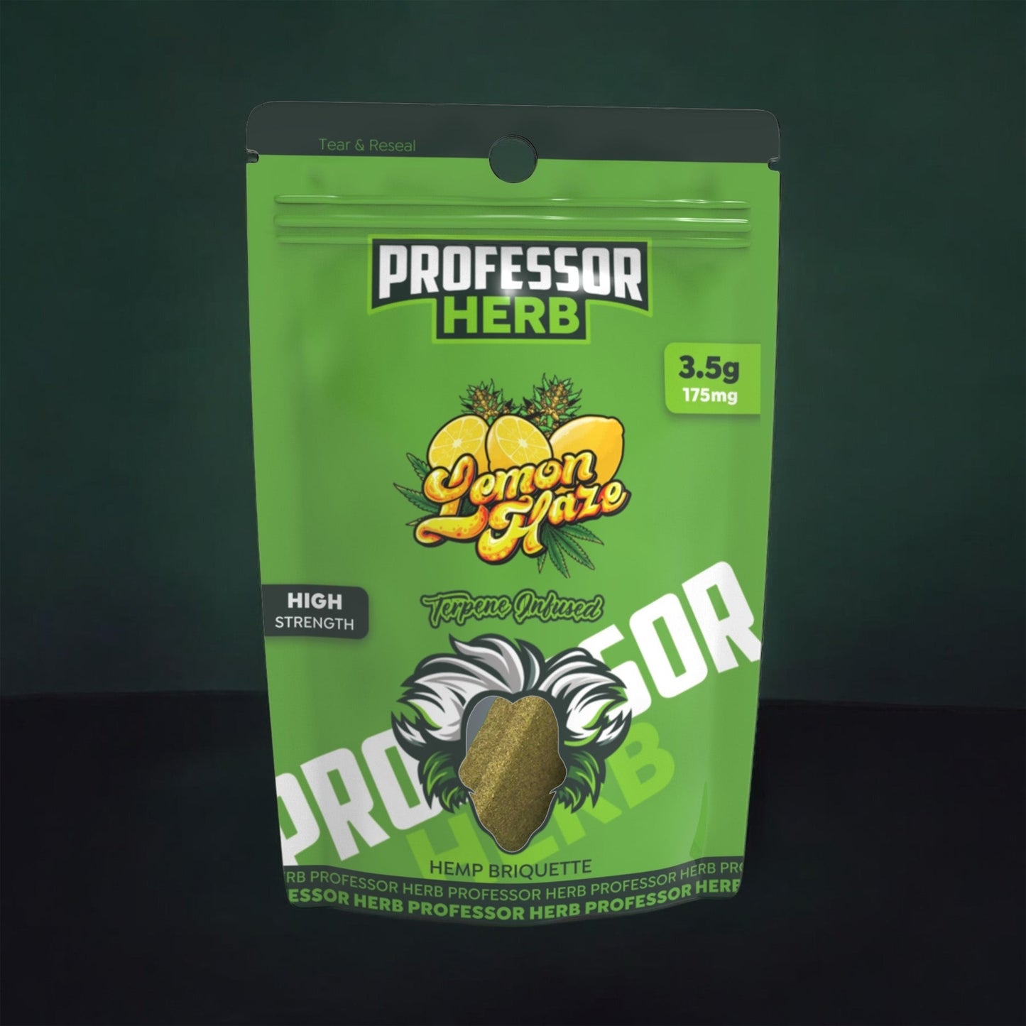 Green package of Professor Herb Lemon Haze Hemp Briquette on a dark background