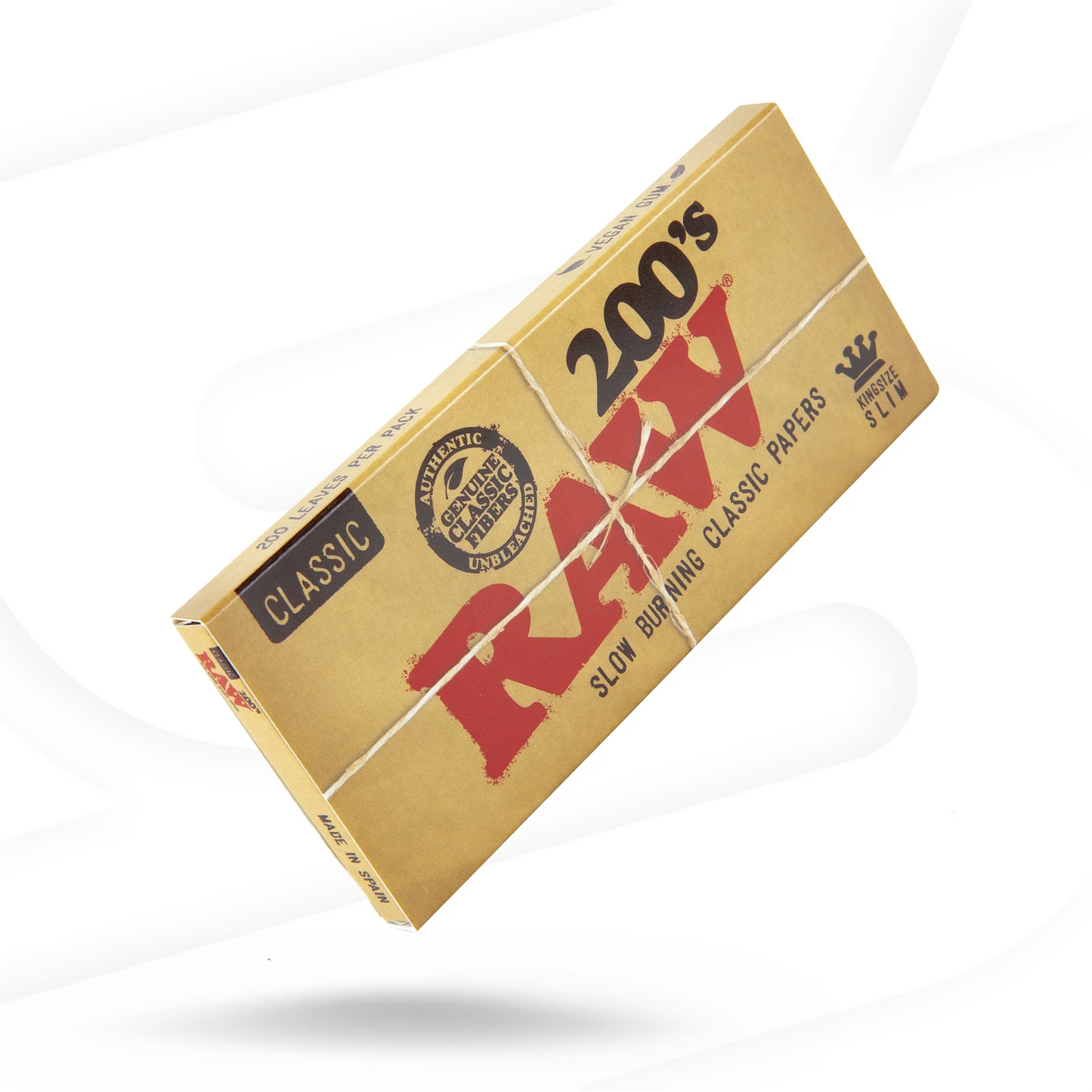 Box of RAW 200's Classic rolling papers on a white background