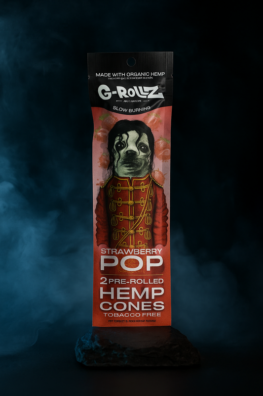 G-Rollz strawberry pop pre-rolled hemp cones packaging with a dog illustration on a dark background