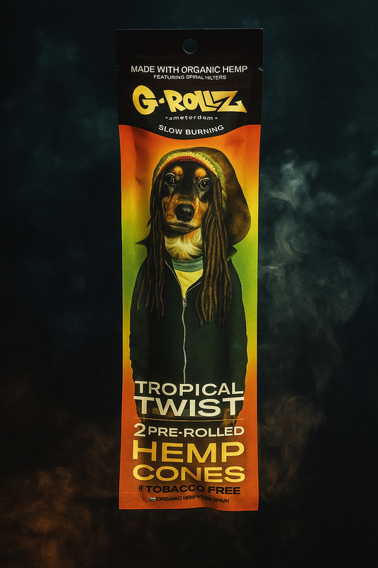 G-Rollz Hemp Cones packaging with a dog wearing a hoodie on a dark background