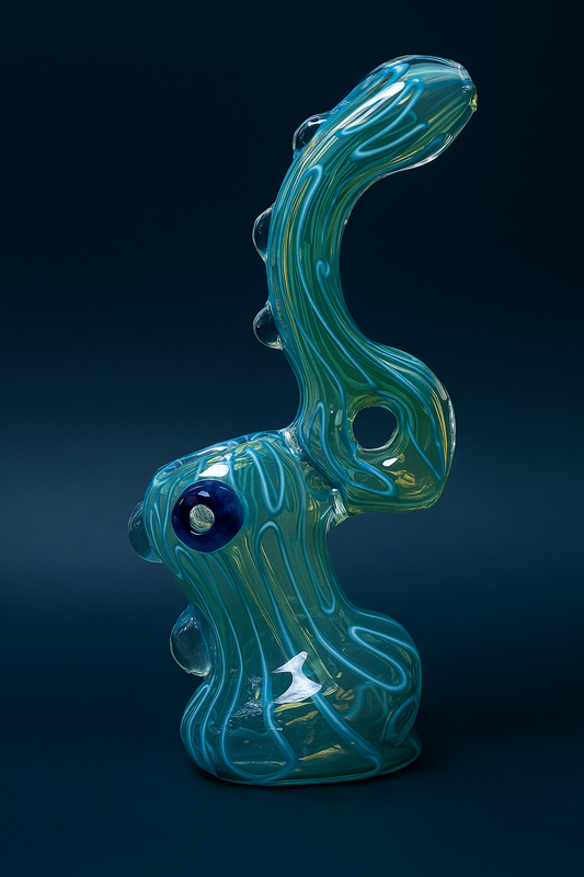 Glass pipe with a blue and green design on a dark background