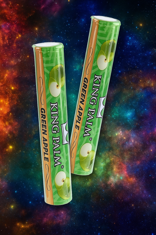 Two King Palm Green Apple vape pens against a colorful cosmic background