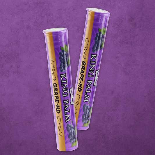 Two King Palm Grape-HD products in purple and gold packaging on a purple background