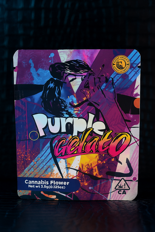 Cannabis packaging with 'Purple Gelato' branding on a dark background
