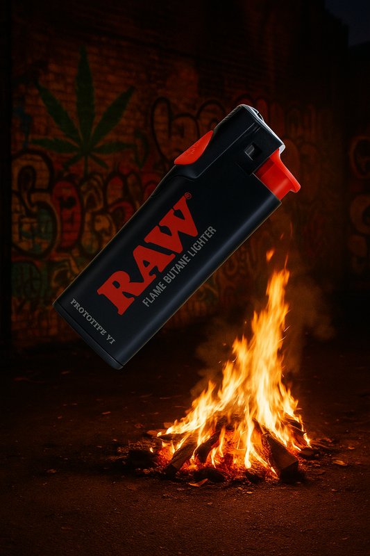 RAW lighter on fire with a dark background