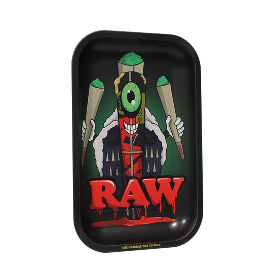 Black tray with cartoon cone monster and the raw logo
