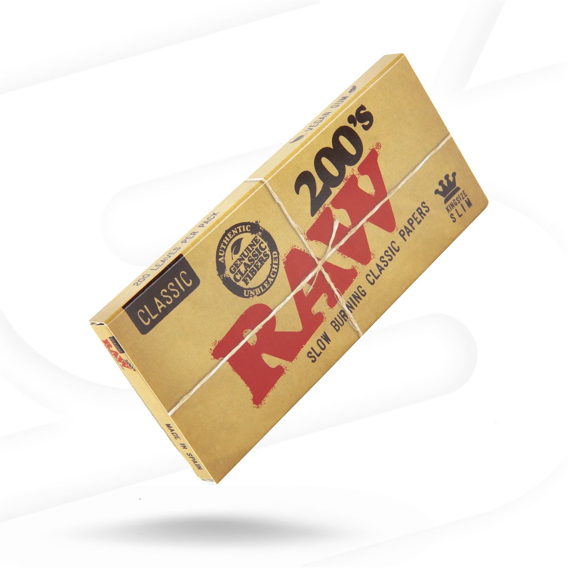 Box of RAW 200's Classic rolling papers on a white background